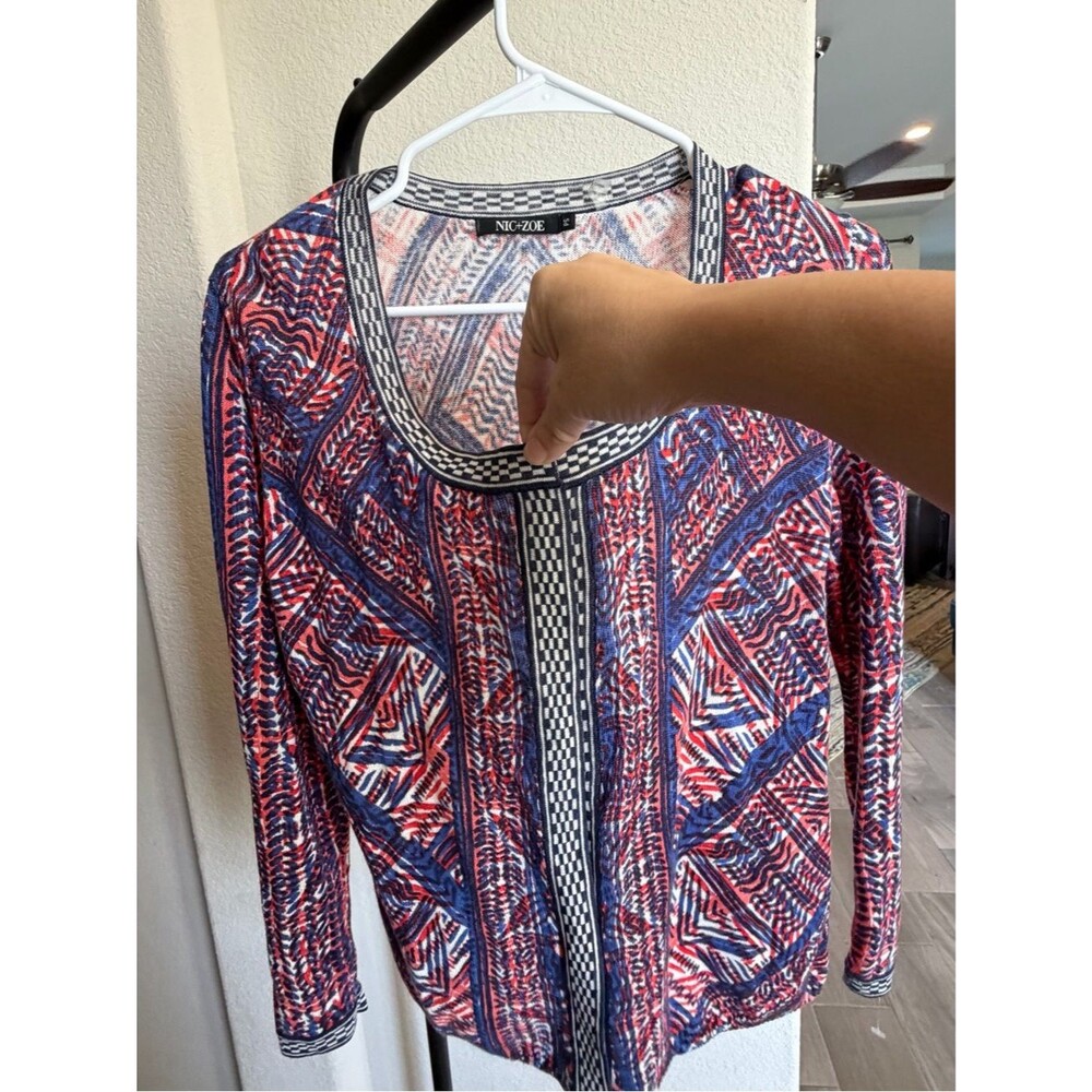 NIC+ZOE Navy, White & Red Geometric Knit Open Linen Cardigan Top S